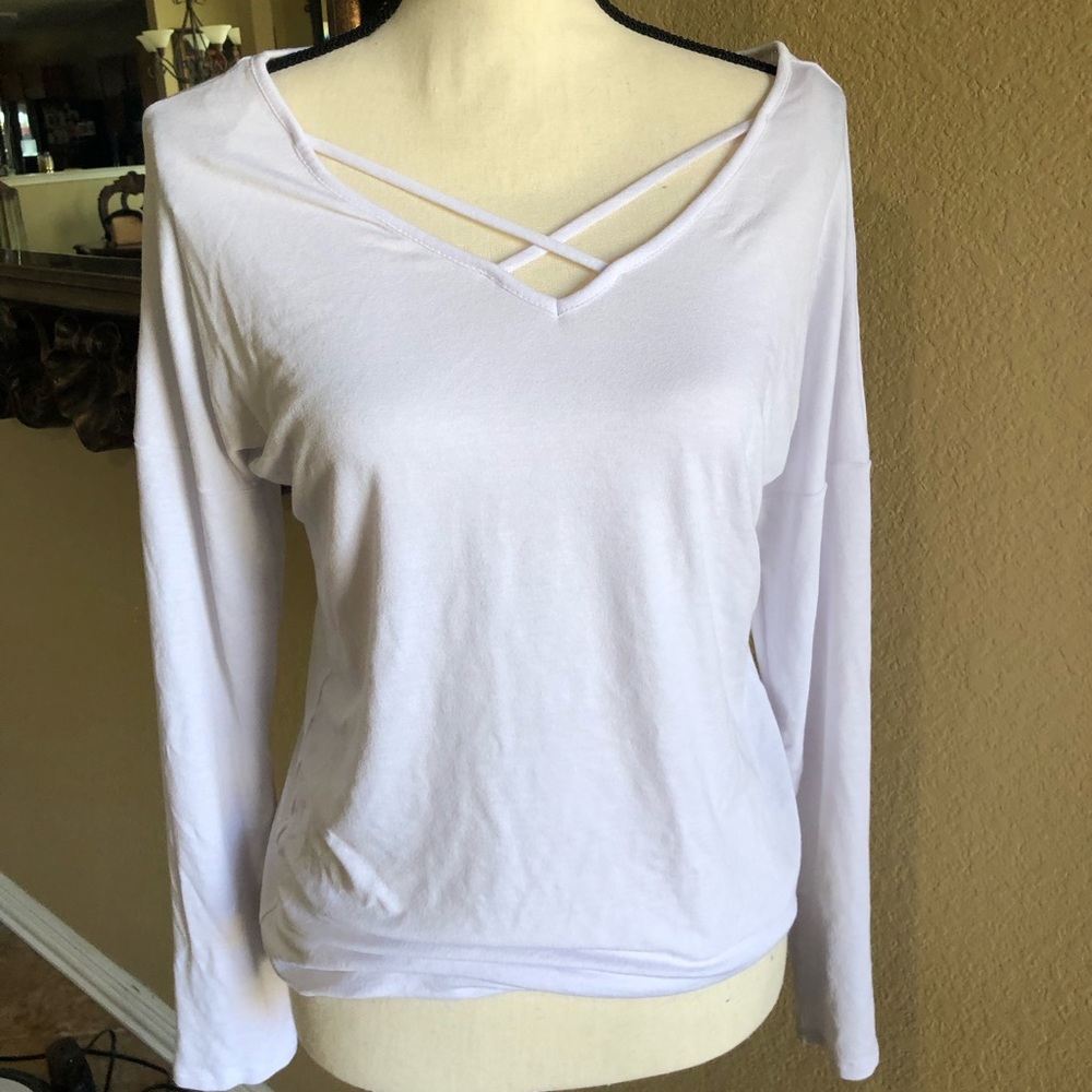Active USA‎ Womens White Crisscross V-Neck Long Sleeve Top Medium